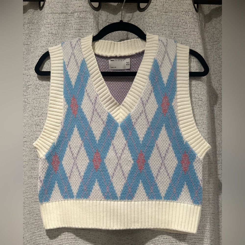 Women’s ASOS DESIGN Grandpa Argyle Pink Blue Cream Pulleover Acrylic Vest‎ Sz 4.